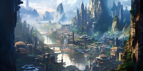 Wall Mural - green eco city concept in the mountains, futuristic high-tech city with advanced infrastructure, sci
