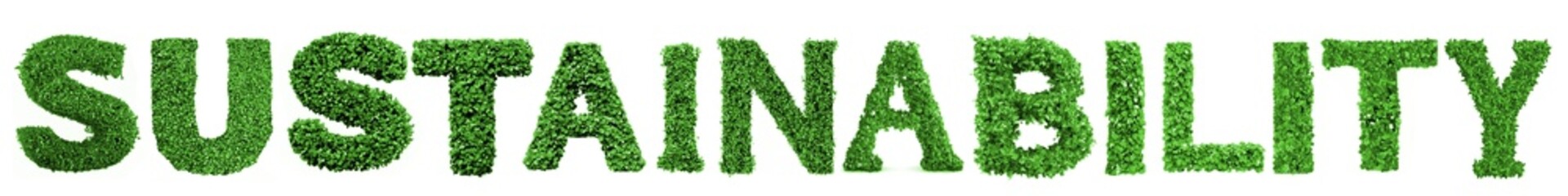 the word sustainability written in letters made of green leaves.