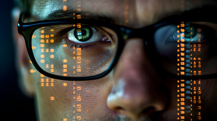 A young man with a serious look analyzes the financial market. Diagrams and numbers Projected on His Face and Reflecting in Glasses. Created with Generative AI technology.