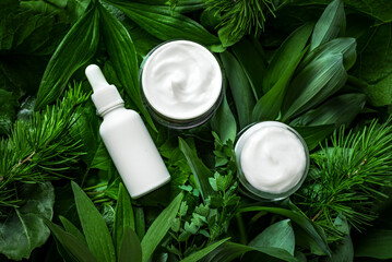 Poster - Organic skin care products on green leaves