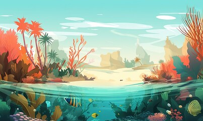 Poster -  an underwater scene with corals, plants, and a sandy beach in the distance with a blue sky and white clouds above the water.  generative ai