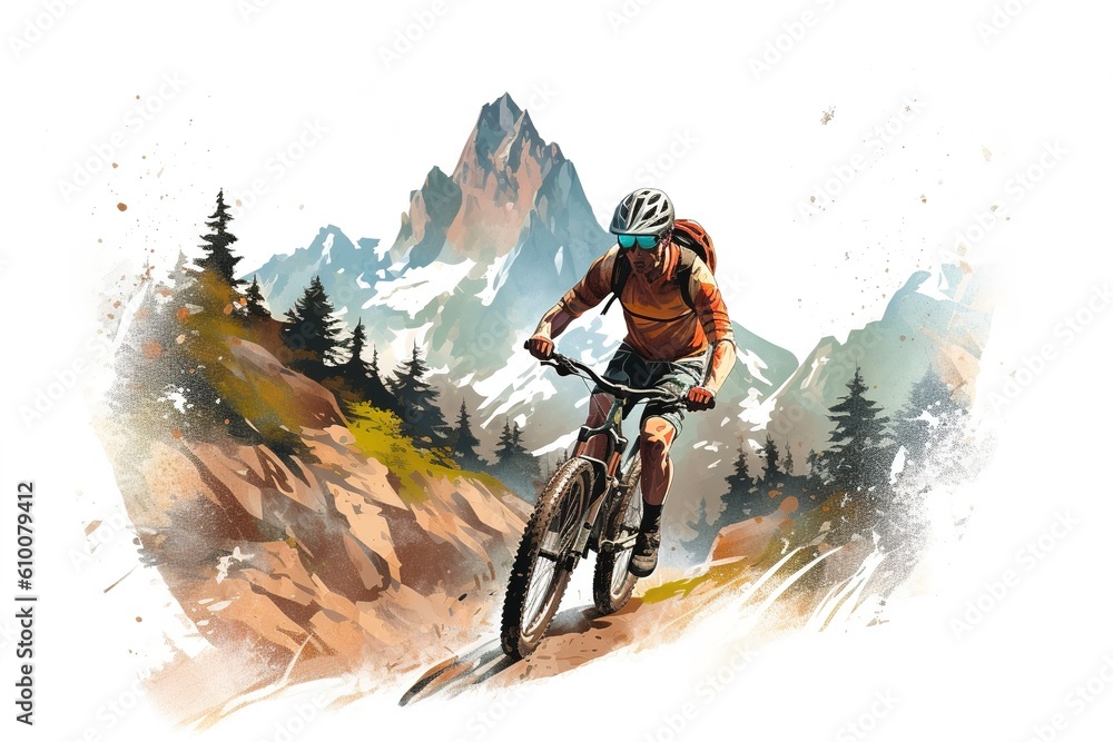 a man rides a bicycle in the mountains isolated on a white background ...