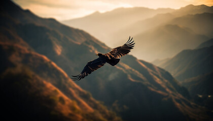  Majestic bird of prey soars high above mountain range silhouette generated by AI