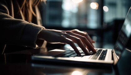 Poster - Young woman working on laptop at office desk, surfing internet generated by AI