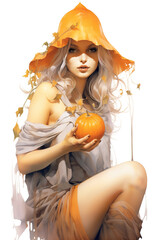 Wall Mural - A woman in a witch costume holding a pumpkin. Generative AI.