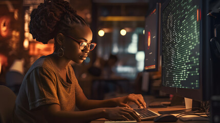 Focused afro american woman work on computer in the evening.Created with Generative AI technology.