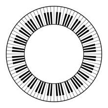 Musical Keyboard With Twelve Octaves, Circle Frame. Decorative Border, Constructed From Twelve Octaves, Black And White Keys Of Piano Keyboard, Shaped Into A Seamless And Repeated Motif. Vector.