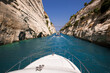 Passing through the Corinth Canal by yacht, Greece. 