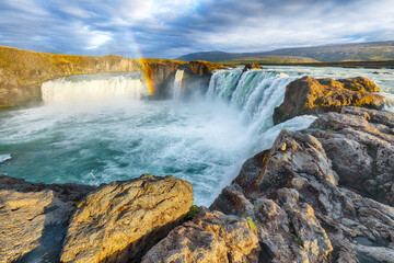 Sticker - Breathtaking landscape scene of powerful Godafoss waterfall.