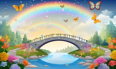 Poster -  a bridge over a river with a rainbow in the sky and butterflies flying over it in the sky above the bridge is a river with a bridge and flowers and butterflies.  generative ai