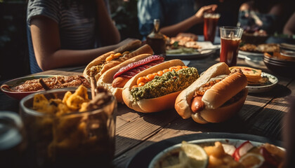 Grilled hot dog meal, beef and pork on picnic table generated by AI