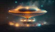  Flying Extraterrestrial Saucer UFO In The Night Sky. Alien Abduction Scene With Lights. Generative Ai Illustration  As Soft Ethereal Dreamy Background, Professional Color Grading, Copy Space