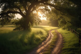 Fototapeta Na ścianę - Picture a winding country road, lined with tall trees and lush green grass. The sun is setting, casting a soft, golden light across the landscape.