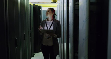 Poster - Woman in server room with tablet, cyber security and network administration, engineer in digital storage. Tech employee, system maintenance and girl technician online in data center to check update.