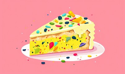 Sticker -  a piece of cake with sprinkles on a pink background with a pink background and a pink background with confetti on it.  generative ai