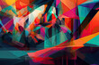 Abstract geometric shapes in vibrant colors overlapping each other in a cubist-style wallpaper design, generative ai