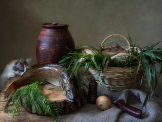 Wall Mural - Still life with pike perch and curious cat