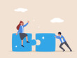 © shendart - Workplace motivation concept. Employee engagement improve involvement or encourage employee success together, increase value, happy business people, employees help complete jigsaw in their office.
