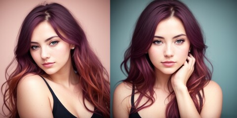 Collage of Two beautiful young women with a different skin type dressed in tops of black color on a colorful background, natural makeup, beautiful radiant skin, long shiny hair. Generative AI