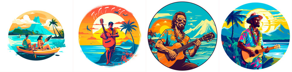 Custom cartoons of Hawaiian culture. Flat graphics with bright colors. Illustrations can be used for branding, marketing and advertising. Unique designs that stand out from traditional Hawaiian