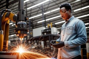 African american mechanical engineer or worker working for maintenance or repairing robotic welding machine in factory. Maintenance and repairing work in modern industry concept. Generative AI