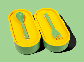 Wall Mural - Lunch box and plastic fork, spoon, utensils. Lunchbox container closed