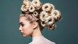 A playful and whimsical hairstyle featuring intricate twisted buns and wispy strands Generative AI