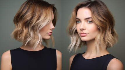 a chic and modern lob (long bob) styled with textured waves and subtle highlights generative ai