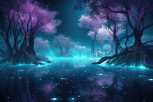 Magical Forest At Night. Bioluminescent Fungi And Glowing Flowers. Generative AI