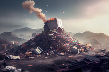 Big pile of garbage with fire in the background. Conceptual image. Generative AI