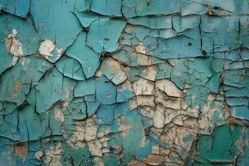 Poster - Cracked and peeling paint in shades of blue and green, creating a distressed and artistic wallpaper, generative ai