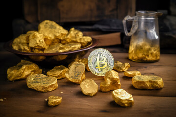 Bitcoin and gold nugget on a wooden table. Cryptocurrency mining concept. Generative AI