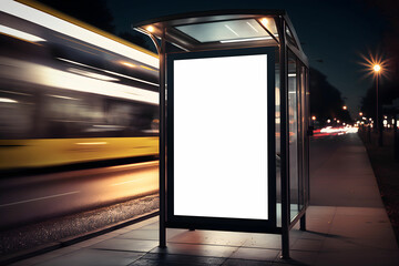 Digital Street Billboard mockup, Blank digital billboard on street in city for advertisement marketing or ad placement, Empty billboard mockup in night in modern city on roadside, generative ai