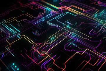 Wall Mural - Futuristic Circuit Board Design with Neon Lines, generative ai