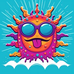 Sticker - A cartoon sun with sunglasses on a blue background. Generative AI image.