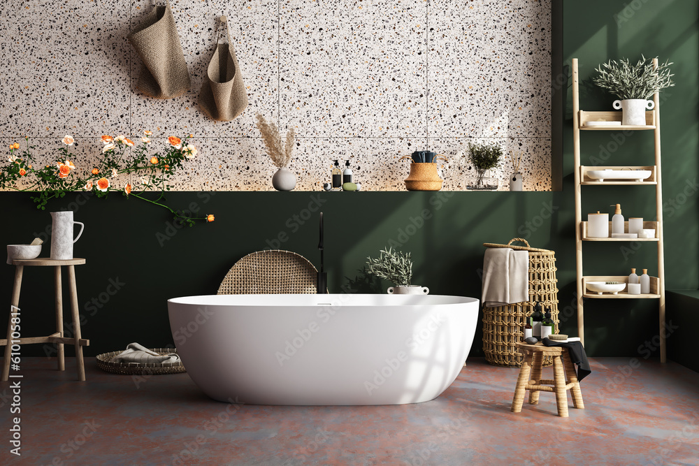 Illustration Stock Modern cozy bathroom interior with beautiful bathtub ...