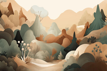 Wall Mural - serene landscape of natural organic shapes in earthy tones on a light brown background, generative ai