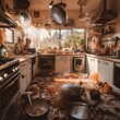 A messy kitchen with pots and pans on the counter. Generative AI image.