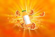 Bottle of orange juice surrounded by bubbles and orange slices on a yellow colored background. 3D Illustration