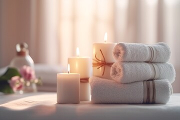 White clean towels on table in spa, generative ai