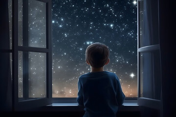 Wall Mural - Little boy looking out window into starry night sky, Generative AI