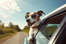 Cute Happy Dog Looking Out Of Car Window, Generative Ai