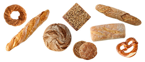 Wall Mural - Fresh baked bread with various sorts isolated on white background. Rye wheat loaf of bread, turkish bagel, french baguette, german pretzel, scandinavian sandwich, italian ciabatta, whole grain pastry.