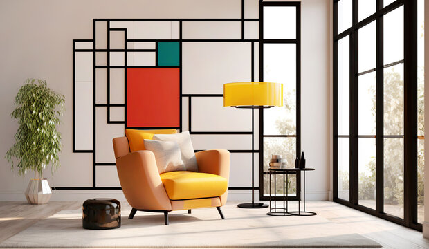 Suprematism style interior design of modern living room with abstract geometric colorful shapes. Created with generative AI