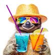 © Vadim Andrushchenko - Happy and smiling sloth wearing summer hat and stylish sunglasses holding cocktail glass with delicious drink, isolated over white background. Created with generative Ai
