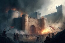 Storming Of Medieval Castle Fortress Siege Of City Chaos. Generative AI AIG15.