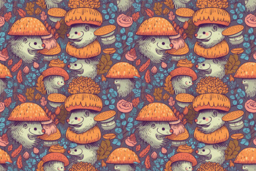 Drawn bright mushrooms and hedgehog background, created with Generative AI technology