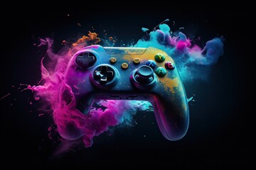 Wall Mural - Wallpaper style gamepad portrait, decorated with colored lights or colored smoke. Generative Ai