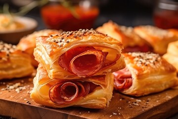 Spicy and appetizing puff pastry stuffed with pieces of ham and cheese from close-up. Generative AI