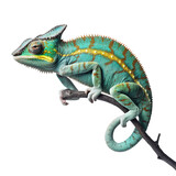 Fototapeta Zwierzęta - chameleon portrait on a branch, isolated